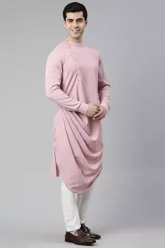 Cream pink printed jacket with pink draped kurta