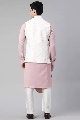 Cream pink printed jacket with pink draped kurta