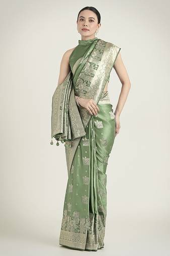 Green color banarasi satin silk zari weaving festival saree