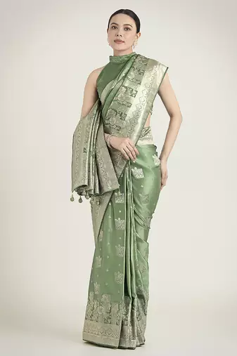 Green color banarasi satin silk zari weaving festival saree