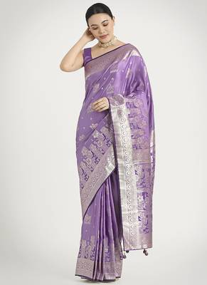 Lavender color banarasi satin silk blend zari weaving work saree 1