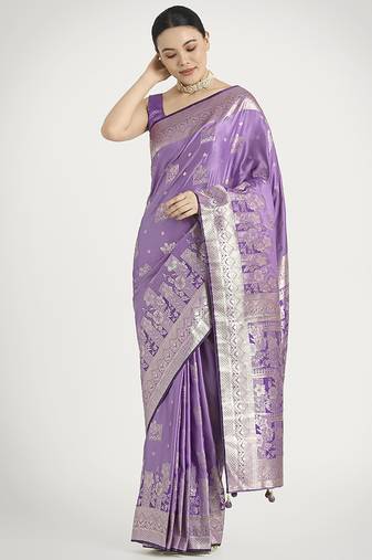 Lavender color banarasi satin silk zari weaving festival saree