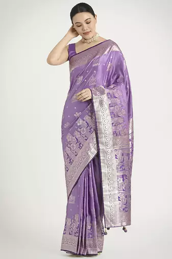 Lavender color banarasi satin silk zari weaving festival saree