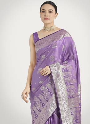 Lavender color banarasi satin silk blend zari weaving work saree 2