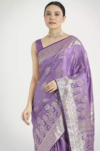 Lavender color banarasi satin silk blend zari weaving work saree