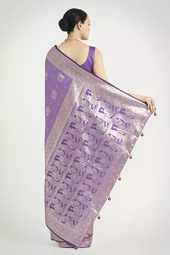 Lavender color banarasi satin silk blend zari weaving work saree