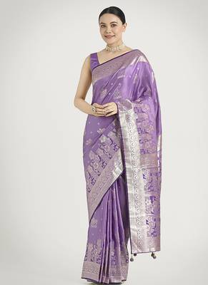 Lavender color banarasi satin silk blend zari weaving work saree 4