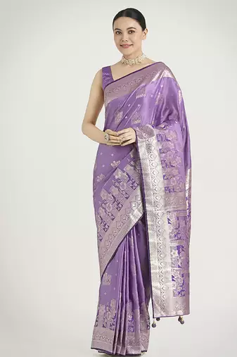 Lavender color banarasi satin silk blend zari weaving work saree