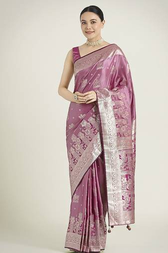Rose pink color banarasi satin silk zari weaving festival saree