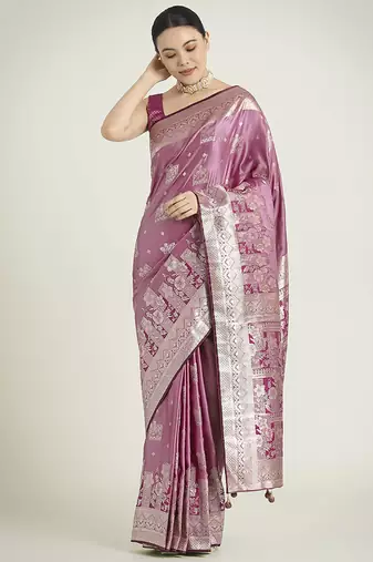 Rose pink color banarasi satin silk blend zari weaving festival saree