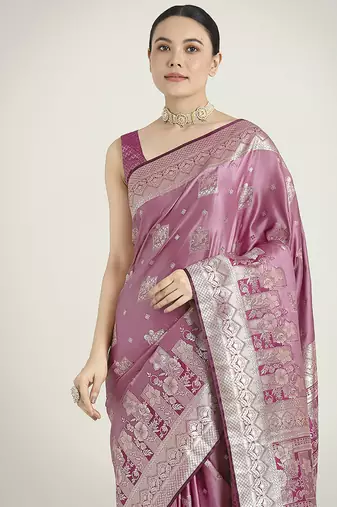 Rose pink color banarasi satin silk blend zari weaving festival saree