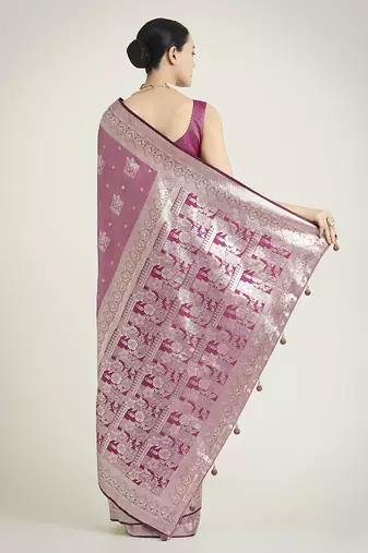 Rose pink color banarasi satin silk blend zari weaving festival saree