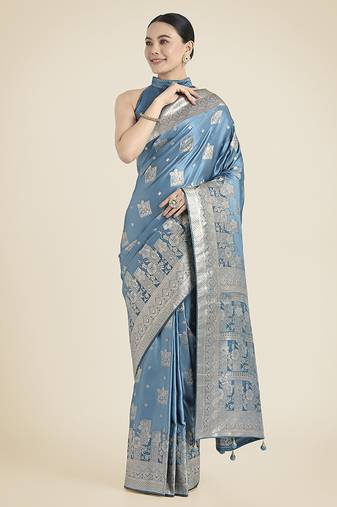 Cyan blue pink color banarasi satin silk zari weaving festival saree