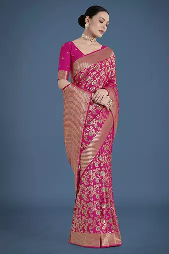 Banarasi silk blend rani pink zaal pattern with zari weaving work saree