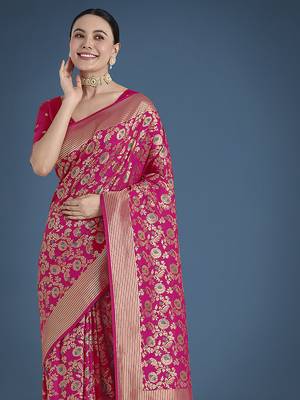 Banarasi silk blend rani pink zaal pattern with zari weaving work saree 3