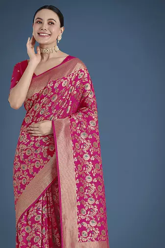 Banarasi silk blend rani pink zaal pattern with zari weaving work saree