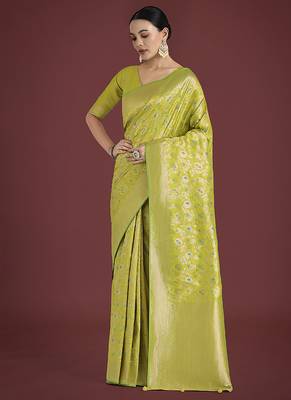 Banarasi silk blend parrot green zaal pattern with zari weaving work saree 1