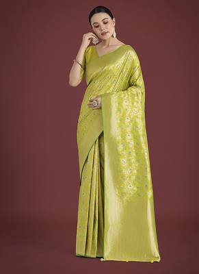 Banarasi silk blend parrot green zaal pattern with zari weaving work saree 2