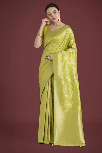 Banarasi silk blend parrot green zaal pattern with zari weaving work saree