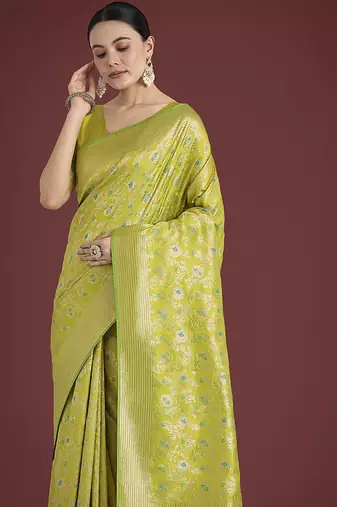 Banarasi silk blend parrot green zaal pattern with zari weaving work saree