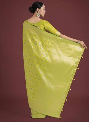 Banarasi silk blend parrot green zaal pattern with zari weaving work saree 4