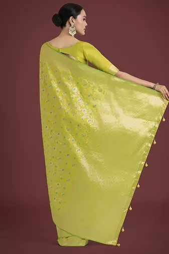 Banarasi silk blend parrot green zaal pattern with zari weaving work saree