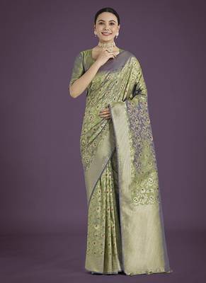 Banarasi silk blend olive zaal pattern with zari weaving work saree 1