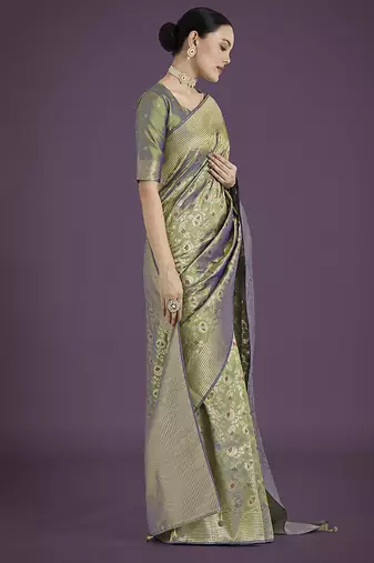 Banarasi silk blend olive zaal pattern with zari weaving work saree
