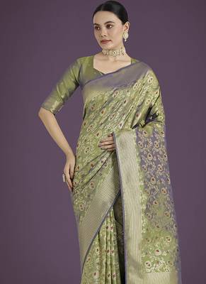 Banarasi silk blend olive zaal pattern with zari weaving work saree 3