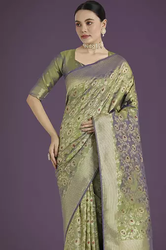 Banarasi silk blend olive zaal pattern with zari weaving work saree