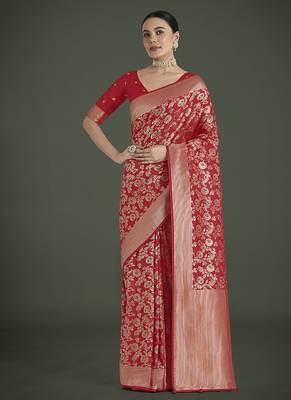 Banarasi silk blend red zaal pattern with zari weaving work saree 1