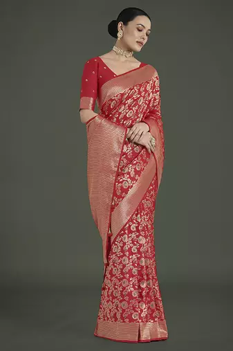 Banarasi silk blend red zaal pattern with zari weaving work saree