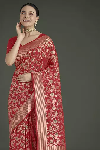 Banarasi silk blend red zaal pattern with zari weaving work saree