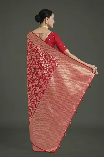 Banarasi silk blend red zaal pattern with zari weaving work saree
