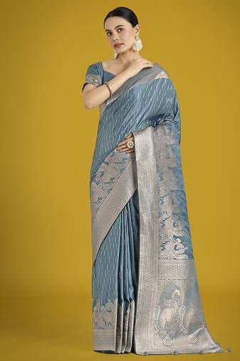 Dusty cyan weaving banarasi satin silk trendy saree for festival