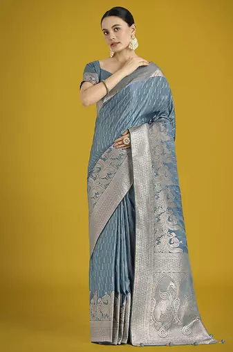 Dusty cyan weaving banarasi satin silk trendy saree for festival
