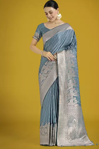 Dusty cyan weaving banarasi satin silk blend saree
