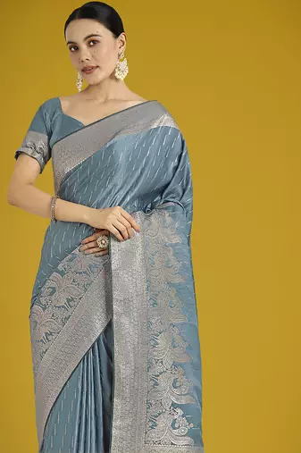 Dusty cyan weaving banarasi satin silk blend saree