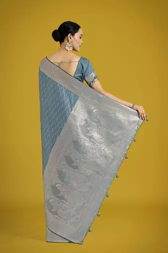 Dusty cyan weaving banarasi satin silk blend saree