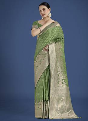 Dusty green weaving banarasi satin silk blend saree 1