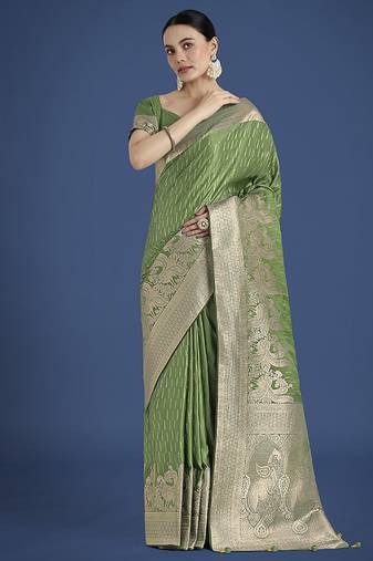 Dusty green weaving banarasi satin silk trendy saree for festival