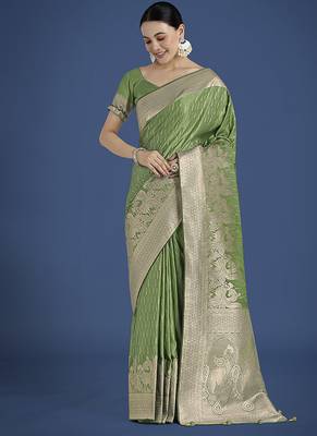 Dusty green weaving banarasi satin silk blend saree 2