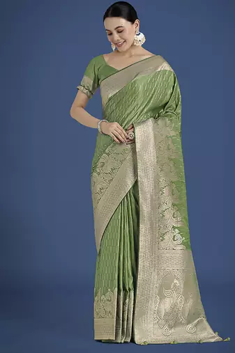 Dusty green weaving banarasi satin silk blend saree