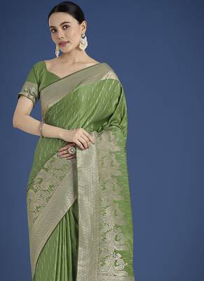 Dusty green weaving banarasi satin silk blend saree 3