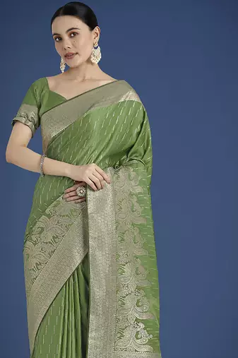 Dusty green weaving banarasi satin silk blend saree