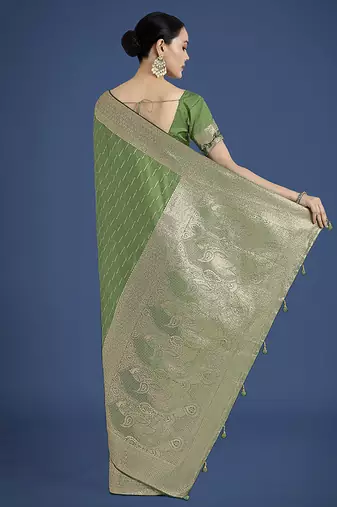 Dusty green weaving banarasi satin silk blend saree