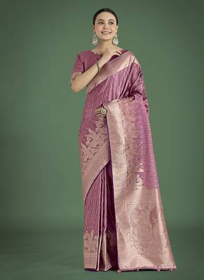 Dusty rose pink weaving banarasi satin silk blend saree 1