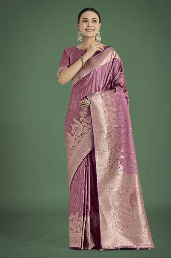 Dusty rose pink weaving banarasi satin silk trendy saree for festival