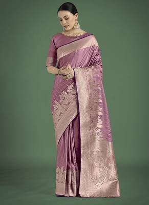 Dusty rose pink weaving banarasi satin silk blend saree 2