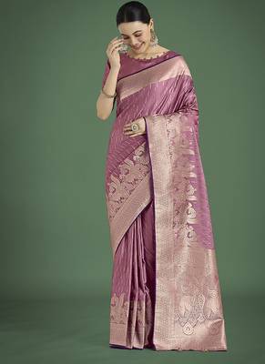 Dusty rose pink weaving banarasi satin silk blend saree 3